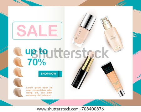 Vector 3D cosmetic illustration foundation, bb cc cream make up product. Package design with bottle. Ads, magazine or catalog template design on commercial background
