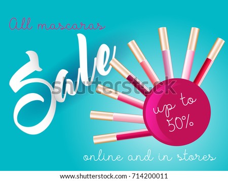 Vector 3D cosmetic illustration lip gloss make up product. Package design with bottle. Sale Ads concept, magazine or catalog template design on commercial background