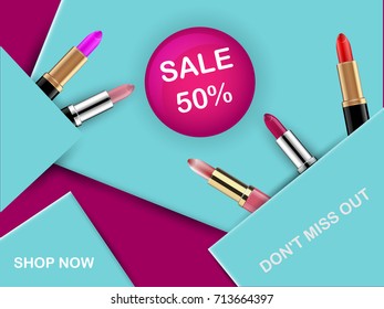 Vector 3D cosmetic illustration lipstic make up product. Package design with bottle. Sale Ads concept, magazine or catalog template design on commercial background