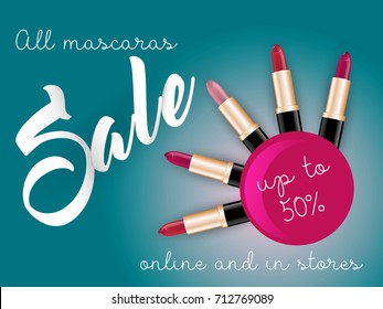 Vector 3D cosmetic illustration lipstick make up product. Package design with bottle. Online Sale Ads concept, magazine or catalog template design on commercial background
