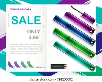 Vector 3D cosmetic illustration mascara make up product. Package design with bottle. Black Sale Ads concept, magazine or catalog template design on commercial background