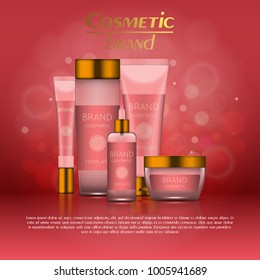 Vector 3D cosmetic illustration on a soft light blurred background with bokeh. Beauty realistic cosmetic product design template