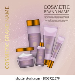Vector 3D cosmetic illustration on a soft light waves background . Beauty realistic cosmetic product design template