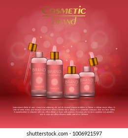 Vector 3D cosmetic illustration on a soft light blurred background with bokeh. Beauty realistic cosmetic product design template
