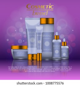 Vector 3D cosmetic illustration on a soft light blurred background with bokeh. Beauty realistic cosmetic product design template