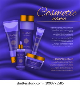 Vector 3D cosmetic illustration on a soft silk background. Beauty realistic cosmetic product design template
