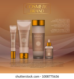 Ilustración cosmética vectorial 3D sobre un fondo de ondas de luz suave. Plantilla de diseño de productos cosméticos de belleza realista
