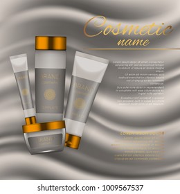 Vector 3D cosmetic illustration on a soft silk background. Beauty realistic cosmetic product design template