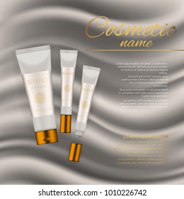 Vector 3D cosmetic illustration on a soft silk background. Beauty realistic cosmetic product design template