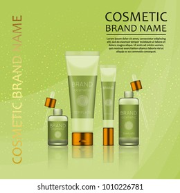 Vector 3D cosmetic illustration on a soft light waves background . Beauty realistic cosmetic product design template