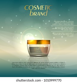 Vector 3D cosmetic illustration on a soft light background with flare effects. Beauty realistic cosmetic product design template