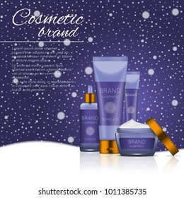 Vector 3D cosmetic illustration on a soft light background with flare effects. Beauty realistic cosmetic product design template.