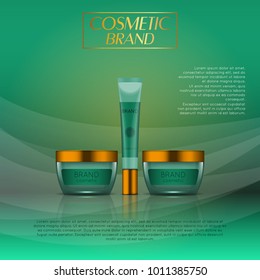 Vector 3D cosmetic illustration on a soft light waves background . Beauty realistic cosmetic product design template