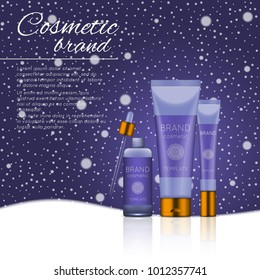 Vector 3D cosmetic illustration on a soft light background with flare effects. Beauty realistic cosmetic product design template.