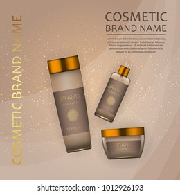 Vector 3D cosmetic illustration on a soft light waves background . Beauty realistic cosmetic product design template