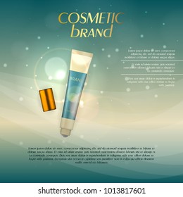 Vector 3D cosmetic illustration on a soft light background with flare effects. Beauty realistic cosmetic product design template