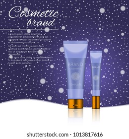 Vector 3D cosmetic illustration on a soft light background with flare effects. Beauty realistic cosmetic product design template.