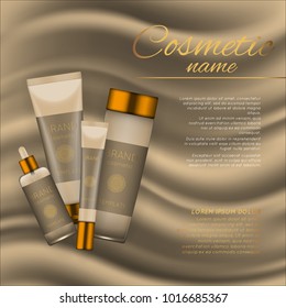Vector 3D cosmetic illustration on a soft silk background. Beauty realistic cosmetic product design template