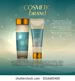 Vector 3D cosmetic illustration on a soft light background with flare effects. Beauty realistic cosmetic product design template