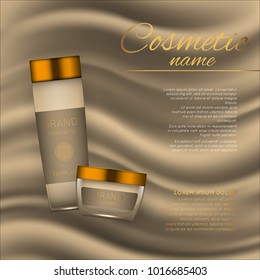 Vector 3D cosmetic illustration on a soft silk background. Beauty realistic cosmetic product design template