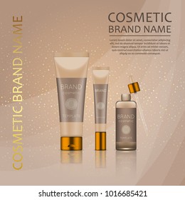 Vector 3D cosmetic illustration on a soft light waves background . Beauty realistic cosmetic product design template