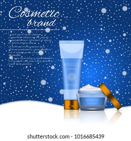 Vector 3D cosmetic illustration on a soft light background with flare effects. Beauty realistic cosmetic product design template.