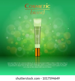 Vector 3D cosmetic illustration on a soft light blurred background with bokeh. Beauty realistic cosmetic product design template
