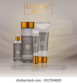 Vector 3D cosmetic illustration on a soft light waves background . Beauty realistic cosmetic product design template