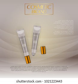 Vector 3D cosmetic illustration on a soft light waves background . Beauty realistic cosmetic product design template