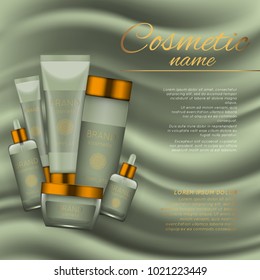 Vector 3D cosmetic illustration on a soft silk background. Beauty realistic cosmetic product design template
