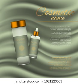 Vector 3D cosmetic illustration on a soft silk background. Beauty realistic cosmetic product design template