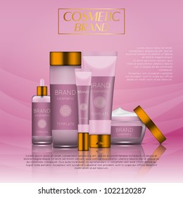 Vector 3D cosmetic illustration on a soft light waves background . Beauty realistic cosmetic product design template