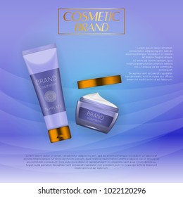 Vector 3D cosmetic illustration on a soft light waves background . Beauty realistic cosmetic product design template