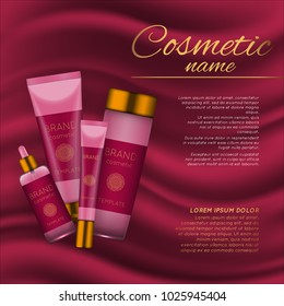 Vector 3D cosmetic illustration on a soft silk background. Beauty realistic cosmetic product design template