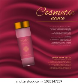 Vector 3D cosmetic illustration on a soft silk background. Beauty realistic cosmetic product design template