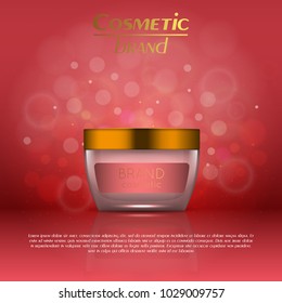 Vector 3D cosmetic illustration on a soft light blurred background with bokeh. Beauty realistic cosmetic product design template