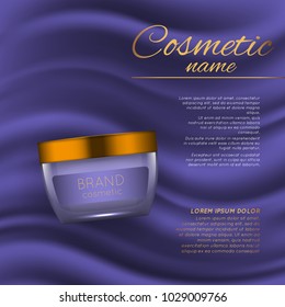 Vector 3D cosmetic illustration on a soft silk background. Beauty realistic cosmetic product design template