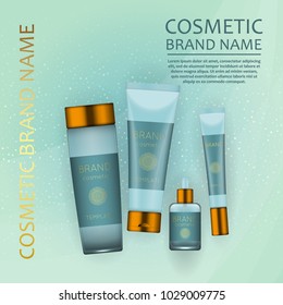 Vector 3D cosmetic illustration on a soft light waves background . Beauty realistic cosmetic product design template
