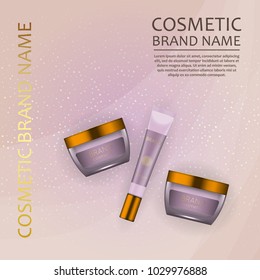 Vector 3D cosmetic illustration on a soft light waves background . Beauty realistic cosmetic product design template