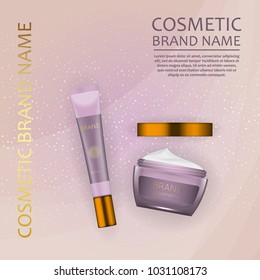 Vector 3D cosmetic illustration on a soft light waves background . Beauty realistic cosmetic product design template