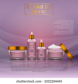 Vector 3D cosmetic illustration on a soft light waves background . Beauty realistic cosmetic product design template