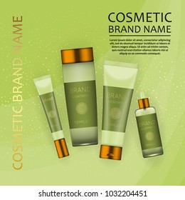 Vector 3D cosmetic illustration on a soft light waves background . Beauty realistic cosmetic product design template