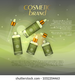 Vector 3D cosmetic illustration on a soft light background with flare effects. Beauty realistic cosmetic product design template