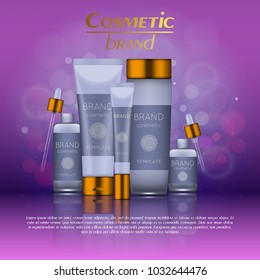 Vector 3D cosmetic illustration on a soft light blurred background with bokeh. Beauty realistic cosmetic product design template