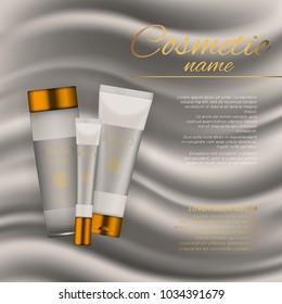Vector 3D cosmetic illustration on a soft silk background. Beauty realistic cosmetic product design template