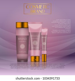 Vector 3D cosmetic illustration on a soft light waves background . Beauty realistic cosmetic product design template