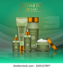 Vector 3D cosmetic illustration on a soft light waves background . Beauty realistic cosmetic product design template