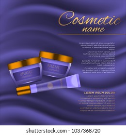 Vector 3D cosmetic illustration on a soft silk background. Beauty realistic cosmetic product design template
