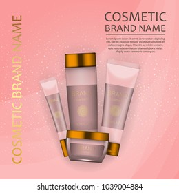 Vector 3D cosmetic illustration on a soft light waves background . Beauty realistic cosmetic product design template