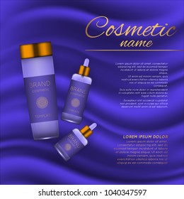 Vector 3D cosmetic illustration on a soft silk background. Beauty realistic cosmetic product design template